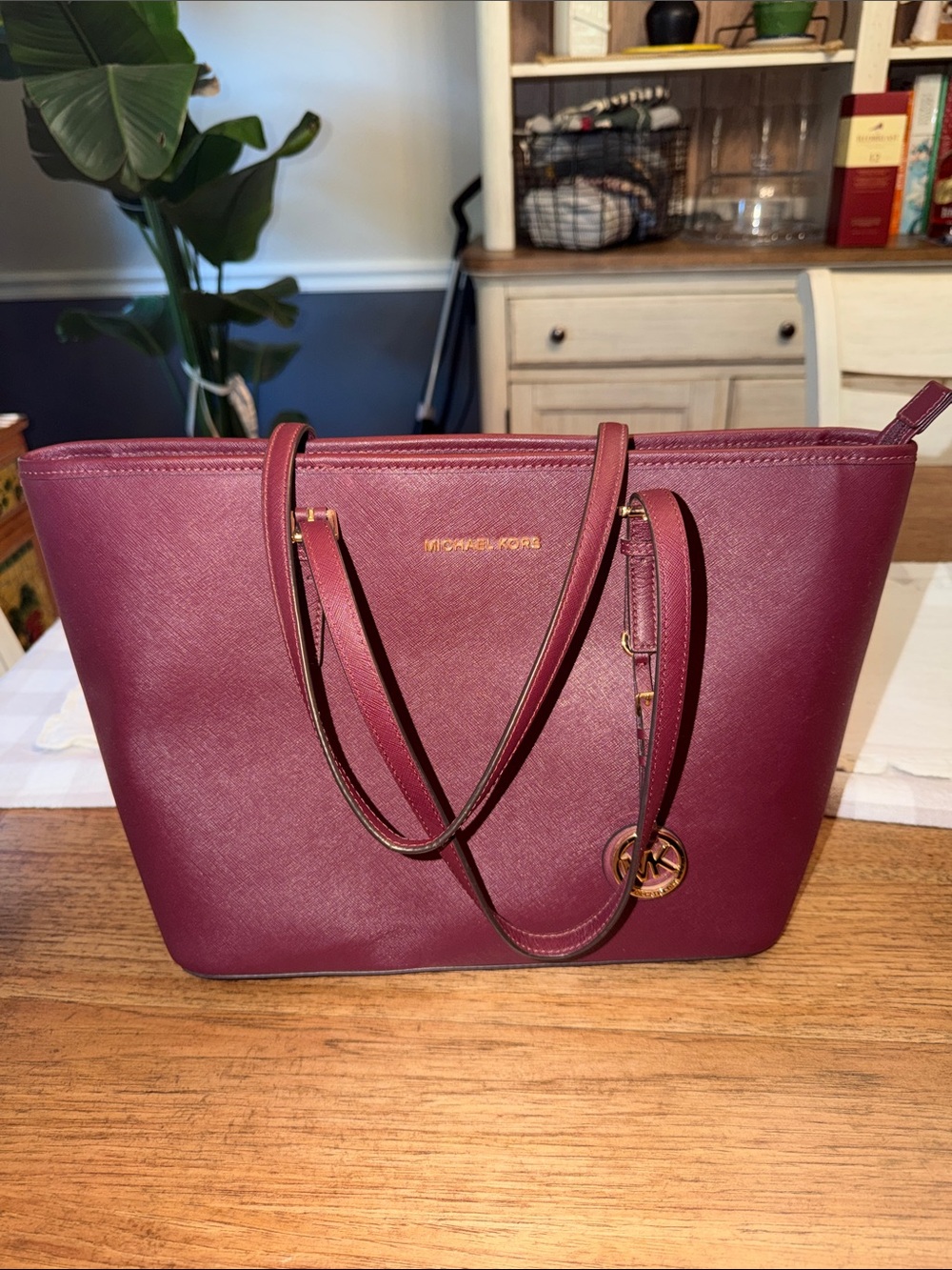Michael Kors Plum Saffiano Leather Tote with Gold Accents